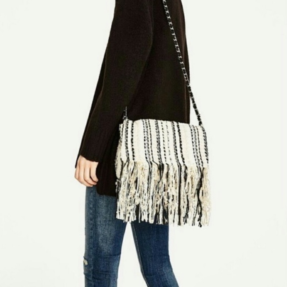 Zara Fringed Fabric Crossbody Bag White Black